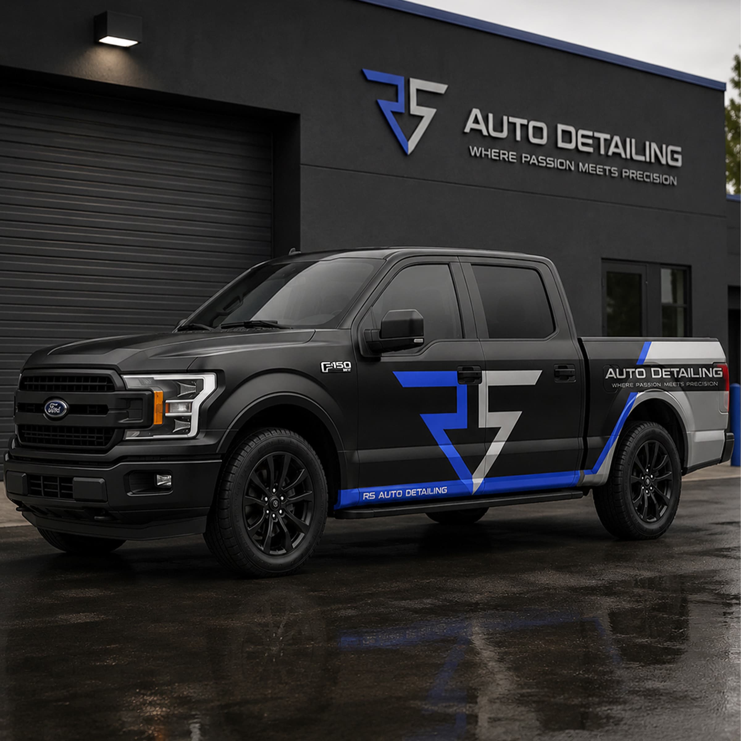 Wrapped pickup truck outside the studio